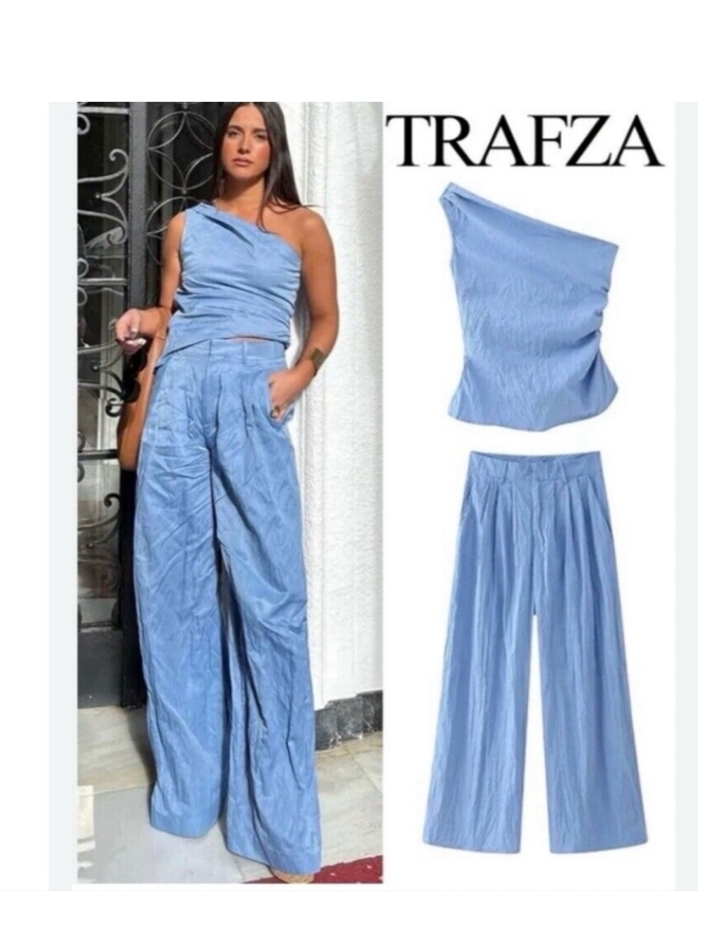 Zara Sky Blue One-Shoulder Top & Wide-Leg Pants Set shirt is Large pants Medium